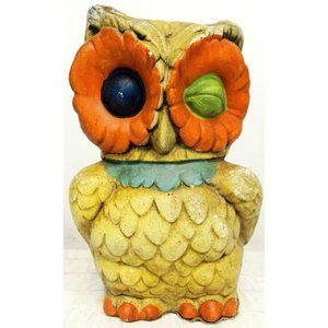 Vtg 1970s Hand painted 10.5" Ceramic Winking Owl Statue Figurine Yellow Orange